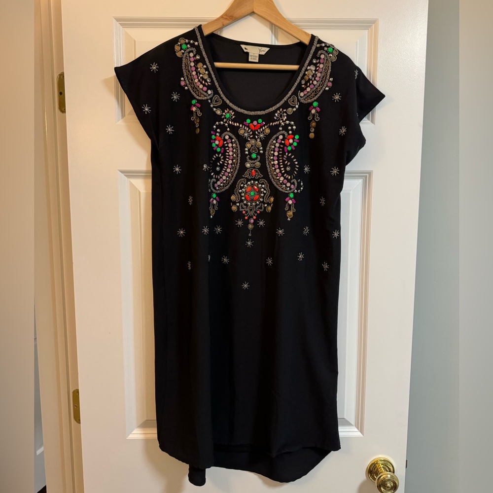 Anthropologie Black Embellished Tunic Dress | Beaded Detail | Size L